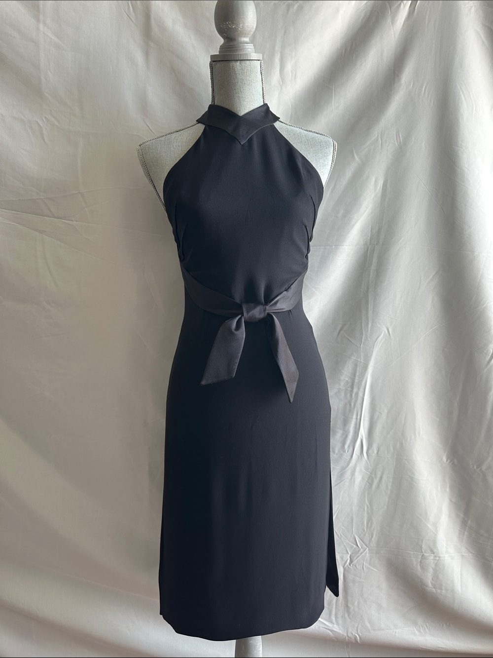 Vintage Valentino Black Silk Halter Midi Dress with Waist Bow